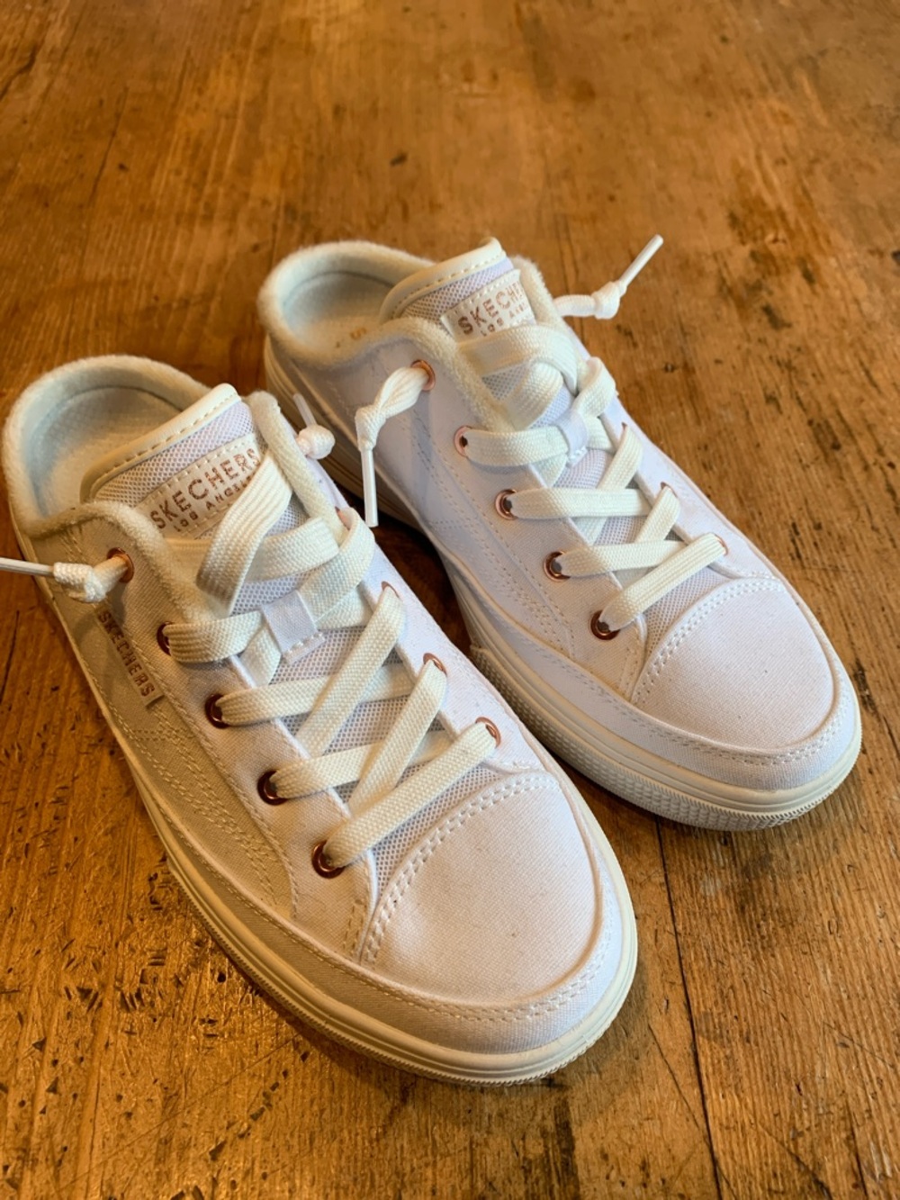 Skechers White Canvas Lace-Up Slip On Sneakers with Rose Gold Eyelets